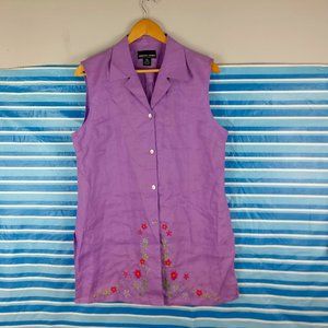 Purple Linen Shirt, 100% Linen Tunic button down Flowers Stars Floral Embroidery